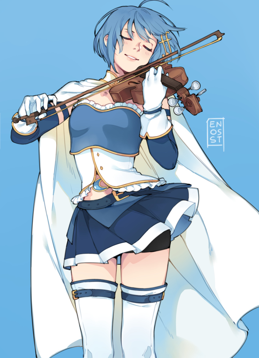 1girl absurdres blue_background blue_hair cape closed_eyes enosst fortissimo fortissimo_hair_ornament gloves hair_ornament highres instrument mahou_shoujo_madoka_magica miki_sayaka music parted_lips playing_instrument short_hair shorts shorts_under_skirt smile solo soul_gem thigh-highs violin white_cape white_legwear zettai_ryouiki