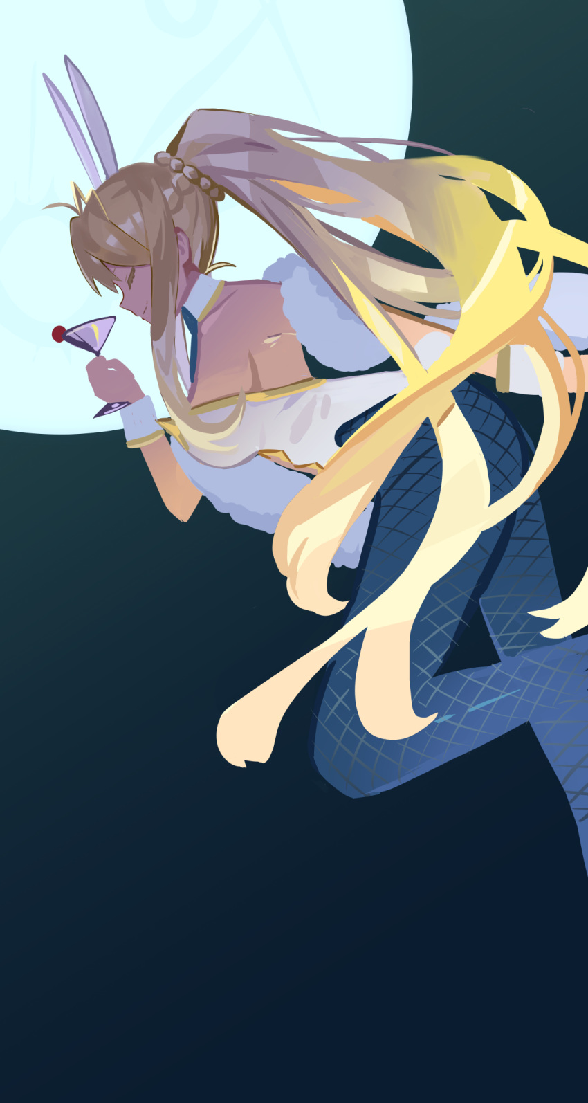 1girl ahoge animal_ears artoria_pendragon_(all) artoria_pendragon_(swimsuit_ruler)_(fate) blonde_hair breasts bunnysuit closed_eyes cocktail_glass cup drinking_glass fate/grand_order fate_(series) fishnet_legwear fishnets full_moon highres large_breasts moon ponytail rabbit_ears smile zenshin