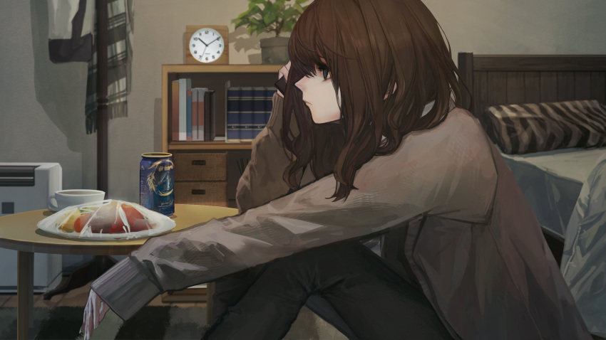 1girl absurdres bangs bed blue_eyes book bookshelf brown_hair brown_sweater can clock closed_mouth cup food hashimoto_kokai highres holding holding_phone indoors long_hair long_sleeves original pants phone pillow plant plastic_wrap plate potted_plant profile sitting solo sweater table