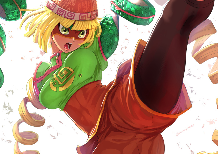 1girl arms_(game) beanie blonde_hair eyebrows_visible_through_mask fighting_stance green_eyes hat highres kicking leggings legwear_under_shorts mask min_min_(arms) open_mouth pantyhose short_hair shorts simple_background solo super_smash_bros. uenoryoma