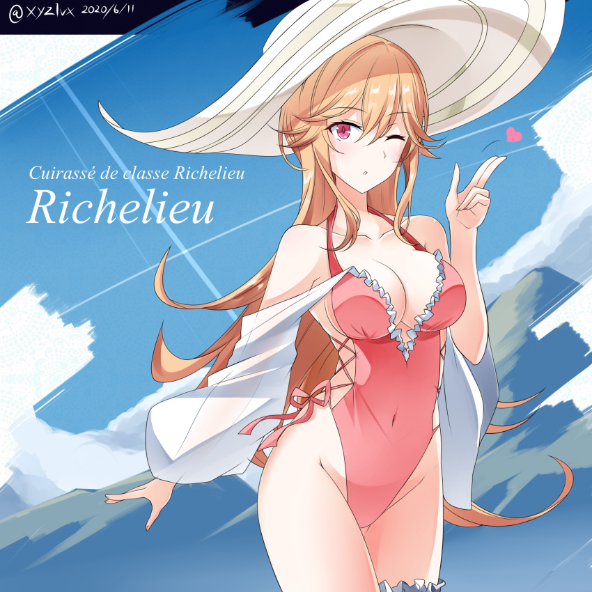 1girl azur_lane backless_swimsuit bangs breasts brown_hair character_name collarbone commentary_request covered_navel dated eyebrows_visible_through_hair frilled_swimsuit frills hair_between_eyes hat heart hebitsukai-san highleg highleg_swimsuit highres large_breasts long_hair looking_at_viewer one-piece_swimsuit one_eye_closed pink_swimsuit red_eyes richelieu_(azur_lane) richelieu_(flagship_in_the_sea_breeze)_(azur_lane) side-tie_swimsuit solo sun_hat swimsuit twitter_username white_headwear