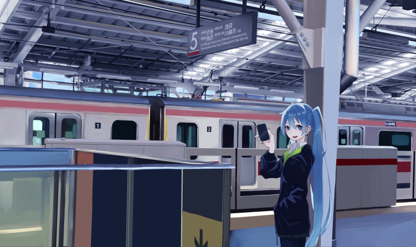 1girl black_pants black_suit blue_eyes blue_hair cellphone earrings ground_vehicle hand_in_pocket hand_up hatsune_miku highres holding holding_phone i-beam jewelry kazuna_(kazzzuna) long_hair looking_at_viewer open_mouth pants phone scenery signpost smartphone smile solo train train_station twintails very_long_hair vocaloid wide_shot