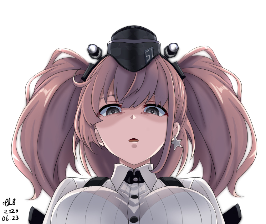 1girl atlanta_(kantai_collection) blush breasts brown_hair earrings eyebrows_visible_through_hair garrison_cap grey_eyes hair_ornament hat headgear highres jewelry kantai_collection large_breasts long_hair looking_at_viewer looking_down open_mouth photoshop_(medium) shirt simple_background solo star_(symbol) star_earrings suspenders tk8d32 two_side_up white_background white_shirt