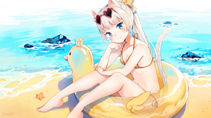 1girl animal_ears bangs bare_arms bare_legs bare_shoulders barefoot beach bikini blunt_bangs blush bow cat_ears cat_girl cat_tail closed_mouth commentary elin eyebrows_visible_through_hair eyewear_on_head hair_bow hand_on_own_cheek hand_on_own_knee heart heart-shaped_eyewear innertube knees_up long_hair navel ocean orange_bikini red-framed_eyewear rock sand side-tie_bikini silver_hair sitting smile solo sparkle starfish striped striped_bikini sunglasses swimsuit tail tera_online very_long_hair water water_drop wet wet_hair yellow_bow yennineii