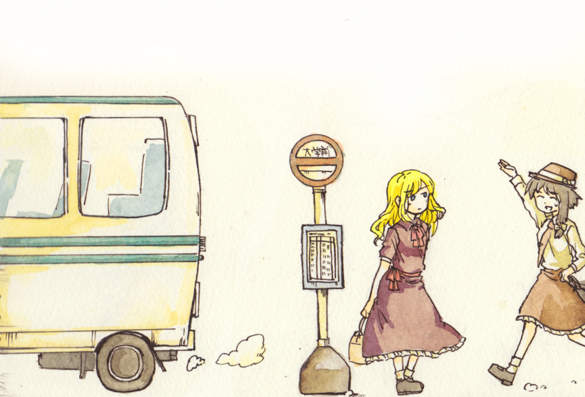 2girls annoyed arms_up bag black_skirt bus bus_stop closed_eyes dress fedora ground_vehicle handbag hat haze_(pixiv118794) late maribel_hearn motor_vehicle multiple_girls purple_dress running running_late shirt skirt smoke sweat touhou traditional_media usami_renko watercolor_(medium) white_shirt