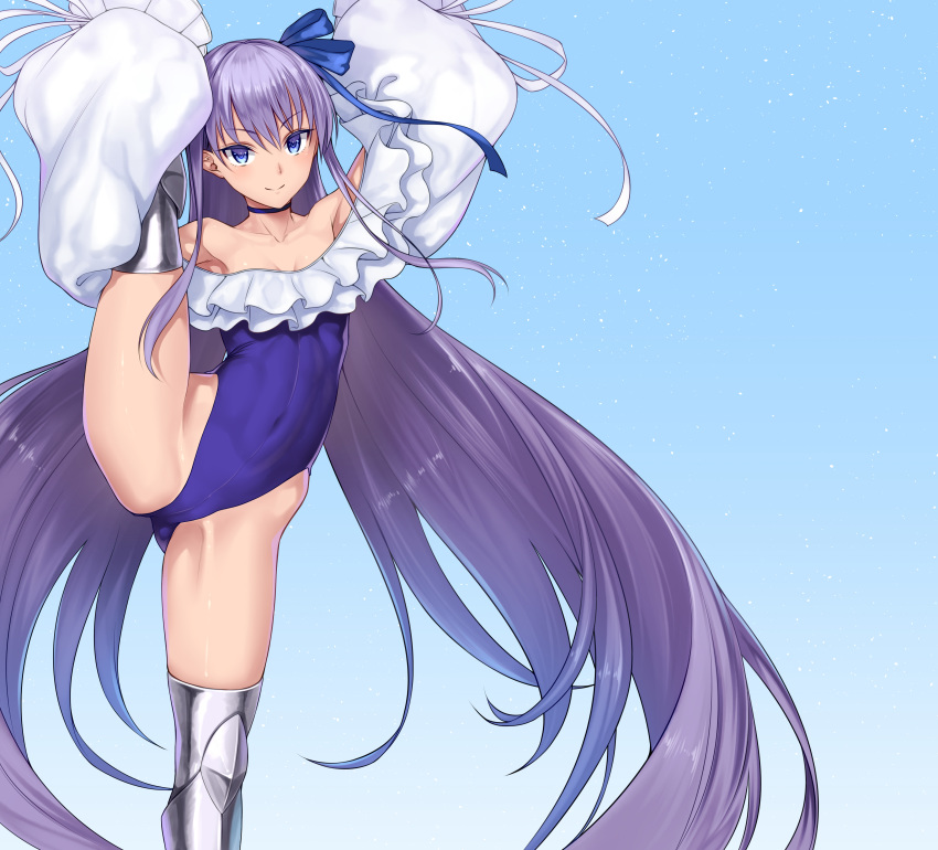 1girl absurdres arms_up bangs bare_shoulders blue_background blue_choker blue_eyes blue_ribbon blue_swimsuit blush breasts choker collarbone covered_navel fate/grand_order fate_(series) frills gradient gradient_background greaves highleg highleg_swimsuit highres leg_up long_hair long_sleeves looking_at_viewer meltryllis meltryllis_(swimsuit_lancer)_(fate) orochi_itto prosthesis puffy_long_sleeves puffy_sleeves ribbon sleeves_past_fingers sleeves_past_wrists small_breasts smile split standing standing_on_one_leg standing_split strapless strapless_swimsuit swimsuit thighs
