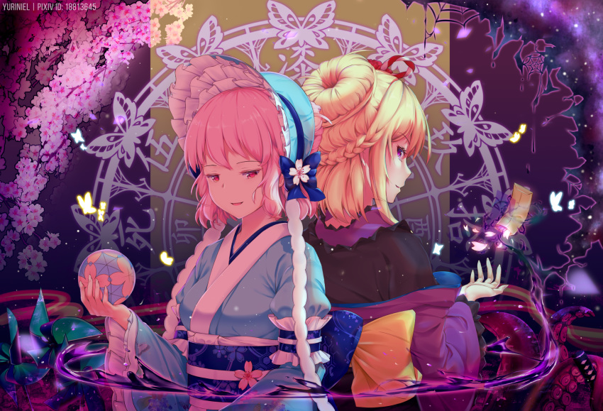 2girls adapted_costume alternate_hairstyle alternate_headwear arm_garter artist_name back-to-back ball bangs black_kimono blonde_hair blue_bow blue_kimono blue_ribbon bonnet bow braid breasts bug butterfly cherry_blossom_print cherry_blossoms commentary commentary_request envelope floating floral_print french_braid frilled_hat frilled_sleeves frills from_behind galaxy glowing hair_bun hair_up hand_up hat highres holding insect japanese_clothes kimono kouhaku_nawa levitation light_particles liquid long_sleeves multiple_girls no_hat no_headwear obi obiage obijime open_mouth painttool_sai_(medium) photoshop_(medium) pink_eyes pink_hair pinwheel pixiv_id ribbon saigyouji_yuyuko sash see-through short_hair sidelocks silk smile spider_web temari_ball tentacles touhou traditional_chinese_text upper_body vh(yuv-achi) violet_eyes wavy_hair wide_sleeves yakumo_yukari yellow_bow