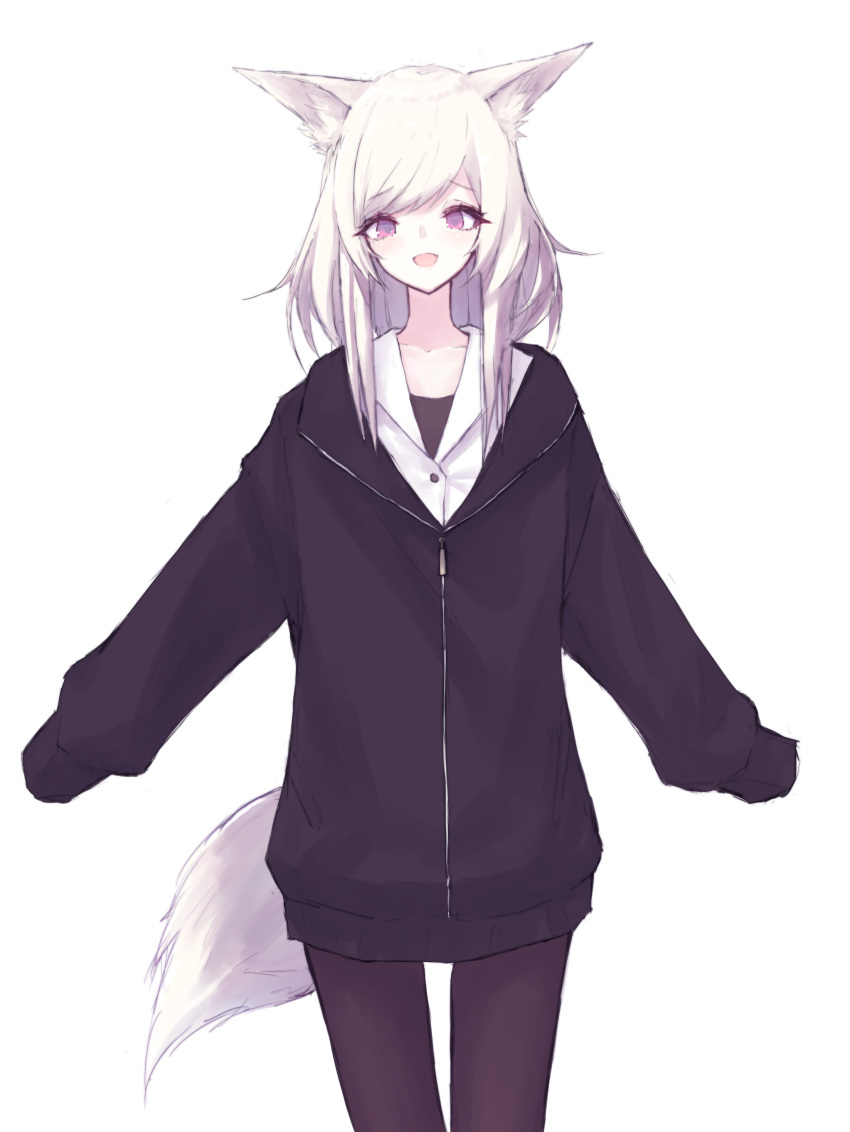 1girl :d absurdres animal_ear_fluff animal_ears bangs black_jacket black_legwear black_shirt buran_(kure) clip_studio_paint_(medium) collared_shirt commentary_request dress_shirt eyebrows_visible_through_hair fox_ears fox_girl fox_tail highres jacket long_hair long_sleeves looking_at_viewer open_mouth original pantyhose shirt simple_background sleeves_past_fingers sleeves_past_wrists smile solo tail violet_eyes white_background white_hair white_shirt