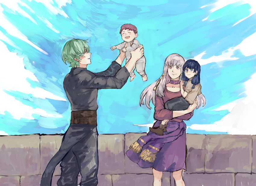 2boys 2girls blue_eyes blue_hair blue_sky byleth_(fire_emblem) byleth_eisner_(male) carrying closed_mouth commission day dress father_and_daughter father_and_son fire_emblem fire_emblem:_three_houses from_side green_hair highres if_they_mated long_hair long_sleeves lysithea_von_ordelia mother_and_daughter mother_and_son multiple_boys multiple_girls open_mouth outdoors parted_lips pink_eyes short_hair short_sleeves sky smile white_hair yourfreakyneighbourh
