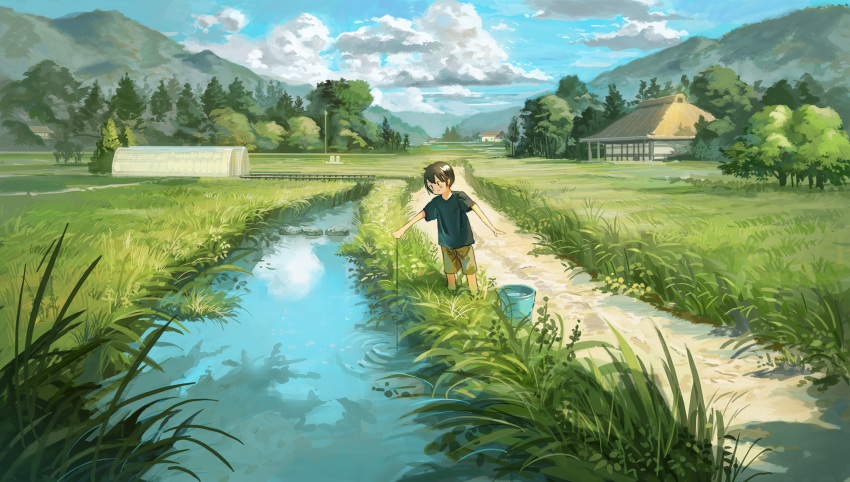 1boy architecture black_shirt blue_sky blush_stickers brown_eyes brown_hair brown_shorts bucket bucket_of_water day east_asian_architecture fishing_line fjsmu grass greenhouse highres holding house leaning_to_the_side looking_down mountain mountainous_horizon original outdoors outstretched_arm road rural scenery shirt shorts sky smile solo standing stepping_stones stream t-shirt