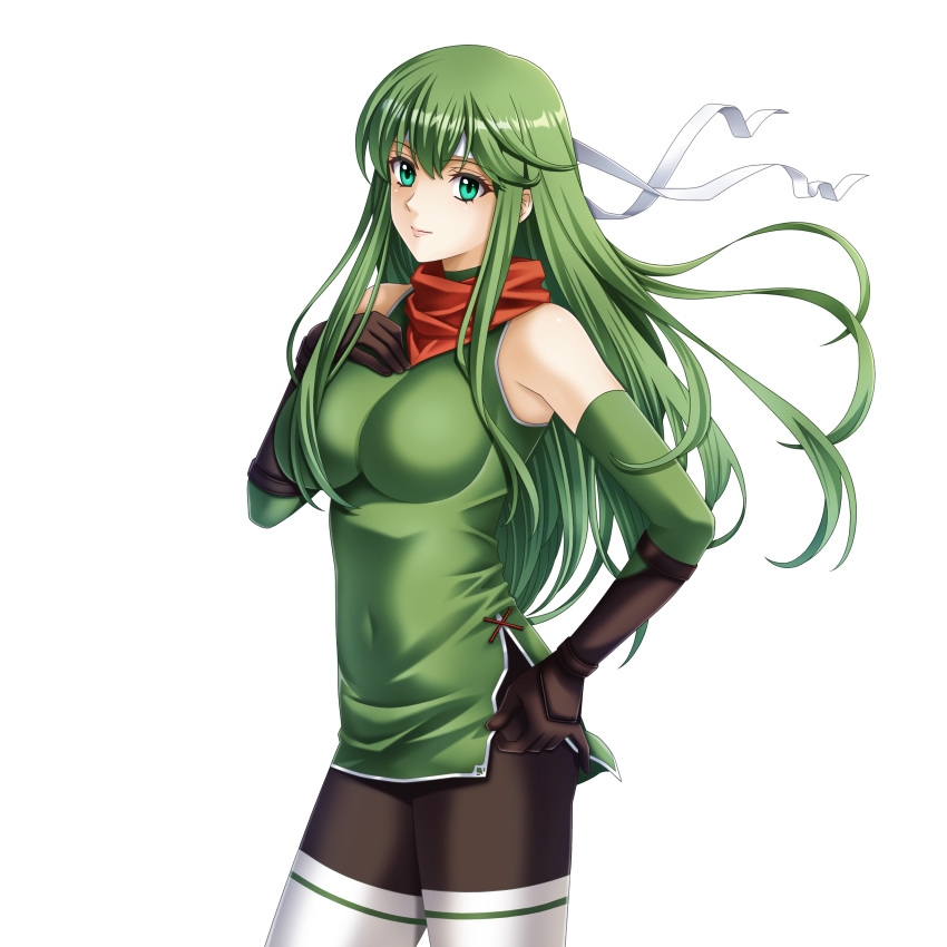 1girl absurdres breasts closed_mouth covered_navel elbow_gloves fire_emblem fire_emblem:_mystery_of_the_emblem gloves green_eyes green_hair headband highres long_hair palla_(fire_emblem) pantyhose red_scarf scarf simple_background sleeveless solo tamamon white_background white_headband