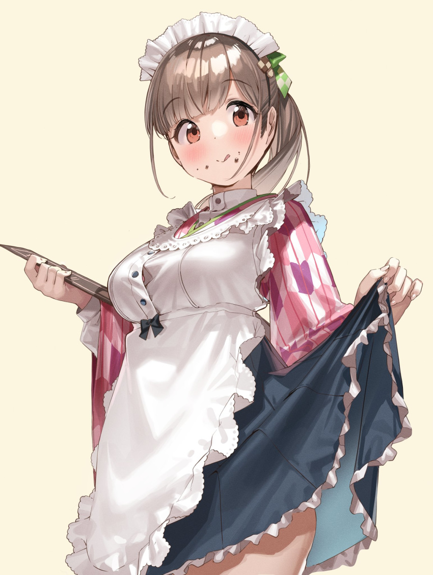 1girl apron bangs brown_eyes brown_hair commentary_request food food_on_face frilled_apron frilled_skirt frills highres idolmaster idolmaster_shiny_colors japanese_clothes kanzarin_(hoochikiss) kimono licking_lips long_hair long_sleeves looking_at_viewer maid_headdress menu ponytail simple_background skirt skirt_lift solo sonoda_chiyoko thighs tongue tongue_out waitress wide_sleeves