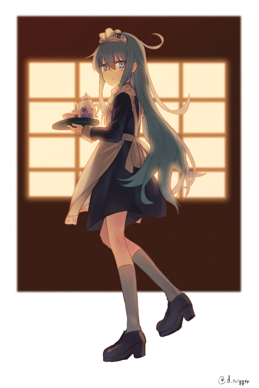 apron backlighting blue_dress blue_eyes blue_hair dress from_side gou_(double_trigger) hibiki_(kantai_collection) highres holding kantai_collection kneehighs loafers long_hair long_sleeves maid_apron maid_headdress serious shoes tea_set very_long_hair