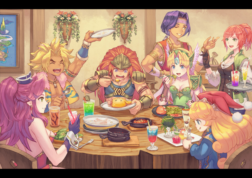 3boys 4girls absurdres anbe_yoshirou armor blonde_hair blue_eyes chair character_request closed_eyes cup dark_skin dark_skinned_male drinking_glass drinking_straw earrings eating fangs food fork frying_pan gloves green_eyes hat headband helmet highres holding indoors jacket jewelry letterboxed long_hair multiple_boys multiple_girls necklace one_eye_closed open_mouth orange_hair pink_hair plant plate ponytail potted_plant purple_hair seiken_densetsu seiken_densetsu_3 table tongue tongue_out tray violet_eyes