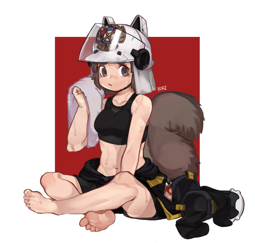 1girl absurdres animal_ears_helmet arknights barefoot boridongja brown_eyes brown_hair fire_helmet fire_jacket firefighter footwear_removed highres indian_style jacket jacket_removed midriff shaw_(arknights) short_hair sitting soles solo squirrel_girl squirrel_tail sweat tail tank_top towel