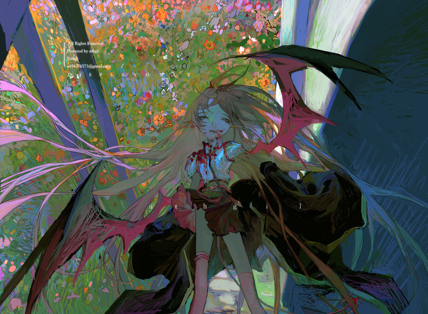 1girl abstract athgil bat_wings black_jacket blonde_hair blood blood_on_face bloody_clothes blue_flower earrings english_text flower grass half-closed_eyes highres jacket jewelry long_hair orange_flower original parted_lips pink_flower pink_legwear pointy_ears purple_flower red_flower single_earring skirt solo tail vampire very_long_hair wings yellow_flower