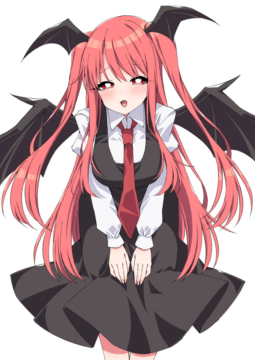 1girl alternate_hairstyle black_skirt black_vest breasts bright_pupils commentary_request demon_wings head_wings highres koakuma leaning_forward long_hair long_sleeves looking_at_viewer medium_breasts necktie red_eyes red_neckwear redhead shirt simple_background skirt skirt_set smile solo touhou tsukimirin two_side_up vest white_background white_shirt wings