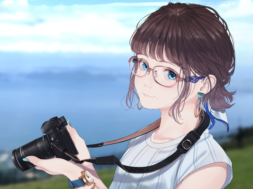 1girl aqua_eyes blurry blurry_background bracelet brown_hair camera earrings from_side glasses highres holding holding_camera jewelry looking_at_viewer mole mole_under_mouth nail_polish original outdoors portrait saitou_(lynx-shrike) short_hair solo watch watch