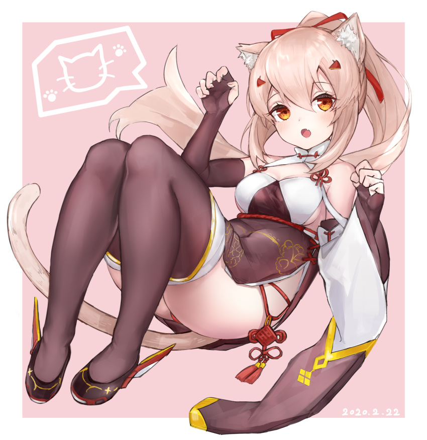 1girl animal_ears ayanami_(azur_lane) ayanami_(lunar_demon_god)_(azur_lane) azur_lane bangs blush breasts brown_eyes brown_legwear cat_day cat_ears cat_paws cat_tail chinese_clothes dated detached_sleeves full_body hair_between_eyes hair_ribbon highres kemonomimi_mode light_brown_hair long_hair long_sleeves looking_at_viewer medium_breasts open_mouth paw_pose paws pelvic_curtain ponytail red_ribbon ribbon single_detached_sleeve solo ta938_ka23 tail thigh-highs wide_sleeves