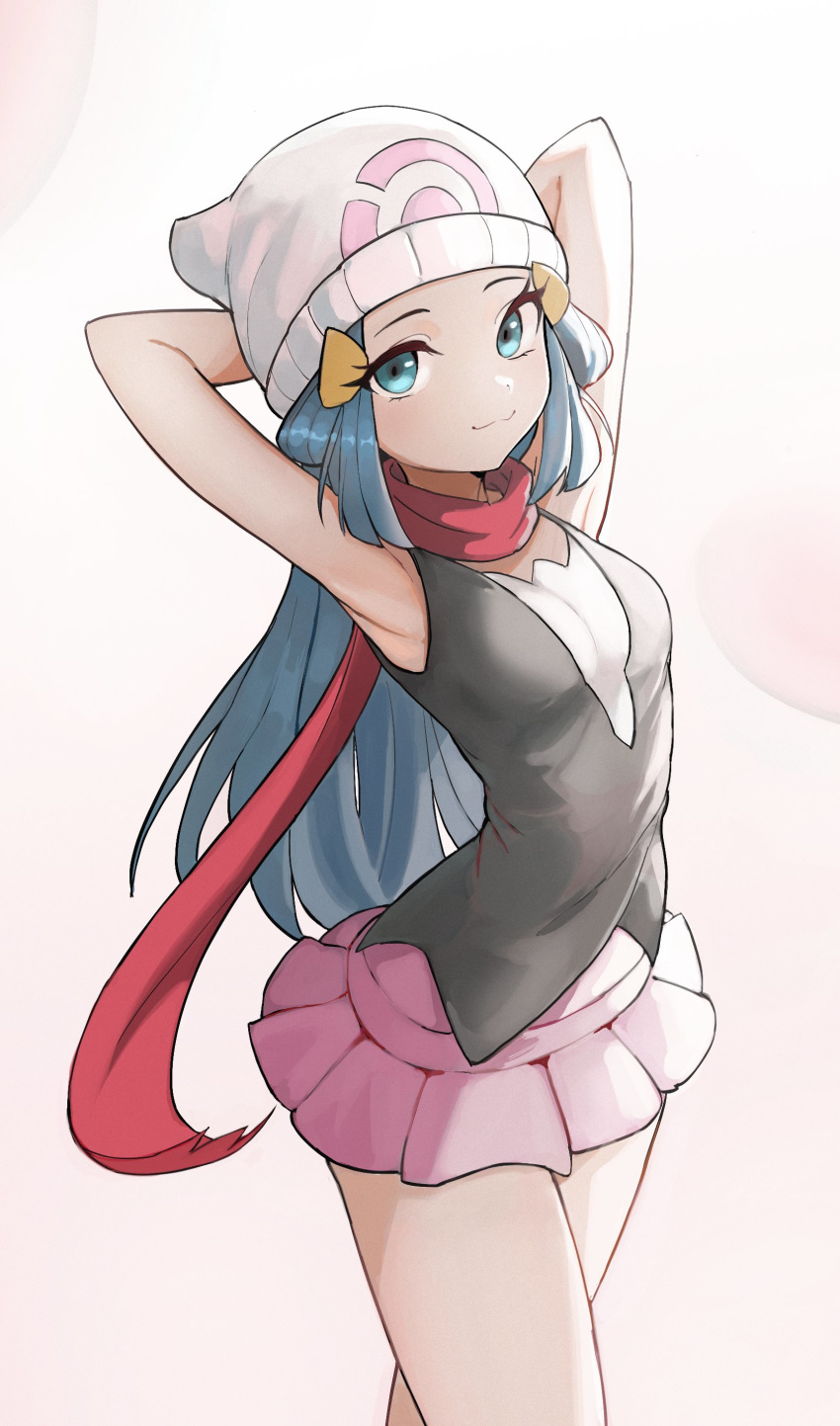1girl absurdres aqua_eyes armpits arms_behind_head arms_up bangs bare_shoulders beanie blue_hair breasts closed_mouth commentary gradient gradient_background hair_ornament hairclip hat highres hikari_(pokemon) kiritzuguart looking_at_viewer miniskirt pink_skirt pleated_skirt pokemon pokemon_(game) pokemon_dppt scarf shiny shiny_hair simple_background skirt sleeveless small_breasts smile solo white_headwear