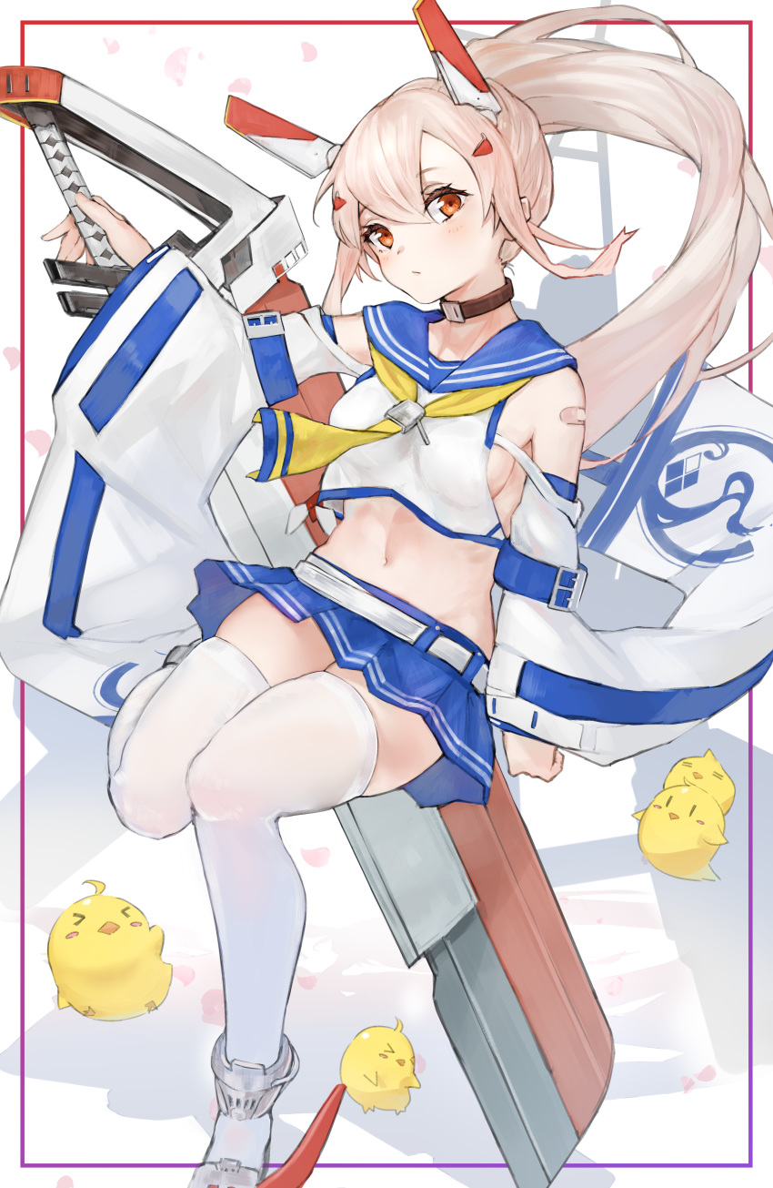 1girl absurdres ayanami_(azur_lane) azur_lane bangs belt blue_belt blue_sailor_collar blue_skirt blush breasts brown_eyes closed_mouth crop_top detached_sleeves grey_footwear hair_between_eyes headgear highres holding holding_sword holding_weapon huge_filesize light_brown_hair long_hair long_sleeves looking_at_viewer manjuu_(azur_lane) medium_breasts navel pleated_skirt ponytail retrofit_(azur_lane) sailor_collar sideboob skirt sword ta938_ka23 thigh-highs weapon white_belt white_legwear wide_sleeves zettai_ryouiki