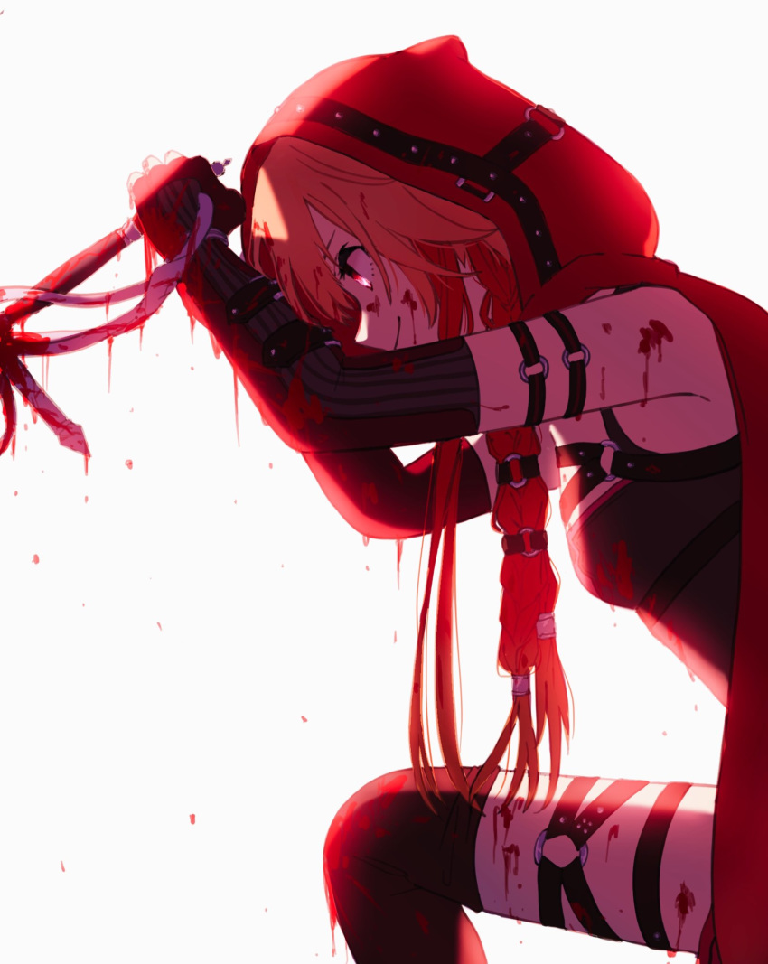 1girl arm_strap armpits blood blood_drip blood_on_face blood_splatter bloody_clothes bloody_hands bloody_weapon braid cloak elbow_gloves gloves gnu_1234 hair_extensions highres holding holding_sword holding_weapon hood idolmaster idolmaster_cinderella_girls leather_armor ninomiya_asuka orange_hair rapier red_eyes redhead sadism short_hair smile solo stabbing sword thigh-highs thigh_strap violence weapon