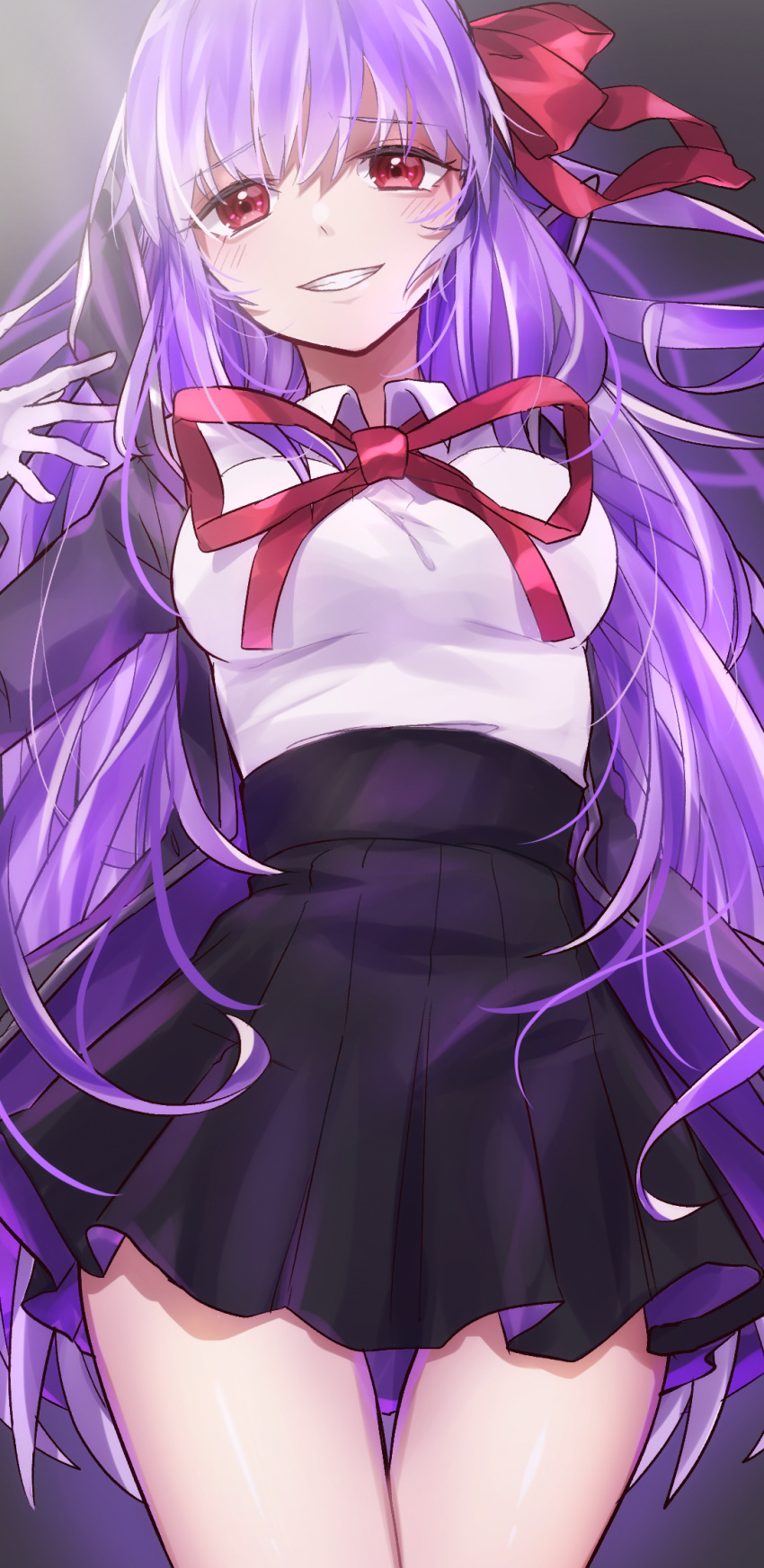 1girl bangs bb_(fate)_(all) bb_(fate/extra_ccc) black_coat black_skirt blush breasts coat fate/extra fate/extra_ccc fate_(series) gloves grin hair_ribbon high-waist_skirt highres large_breasts leotard long_hair long_sleeves looking_at_viewer neck_ribbon open_clothes open_coat pleated_skirt popped_collar purple_hair red_eyes red_ribbon ribbon skirt smile soramame_pikuto thighs very_long_hair white_gloves white_leotard