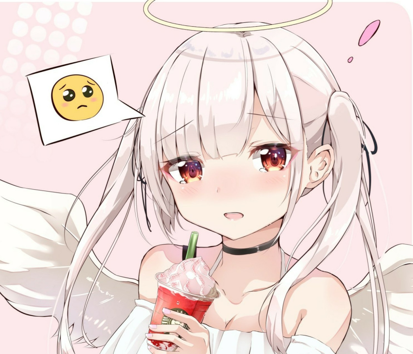 ! 1girl angel angel_wings bangs bare_shoulders black_choker blunt_bangs choker collarbone cup detached_sleeves disposable_cup drinking_straw emoji eyebrows_visible_through_hair halo highres holding holding_cup iyo_(ya_na_kanji) off-shoulder_shirt off_shoulder open_mouth original pink_background pink_hair shirt short_hair_with_long_locks simple_background solo speech_bubble tearing_up upper_body whipped_cream white_shirt wings