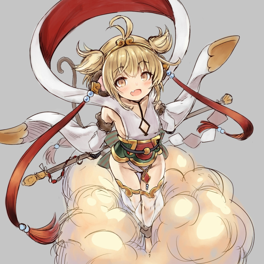 1girl andira_(granblue_fantasy) animal_ears antenna_hair bangs bare_shoulders blonde_hair blush breasts brown_eyes circlet clouds detached_leggings detached_sleeves erune fang flying_nimbus fuyu_no_kareha granblue_fantasy hagoromo highres long_sleeves looking_at_viewer monkey_ears monkey_girl monkey_tail open_mouth sash shawl smile staff tail thighs twintails two_side_up wide_sleeves