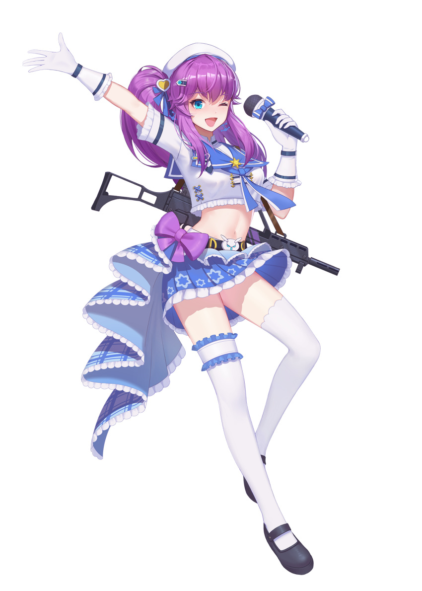 1girl ;d argent_wing arm_up assault_rifle belt beret black_footwear blue_eyes blue_skirt bow breasts crop_top crop_top_overhang frilled_shirt frills full_body g36_(argent_wing) gloves gun h&amp;k_g36 hand_up hat highres holding idol long_hair looking_at_viewer mary_janes medium_breasts microphone midriff miniskirt navel official_art one_eye_closed one_side_up open_mouth outstretched_arm pleated_skirt purple_bow purple_hair rifle sailor_collar shirt shoes short_sleeves skirt smile solo stomach thigh-highs thighs transparent_background weapon white_gloves white_headwear white_legwear white_shirt zettai_ryouiki