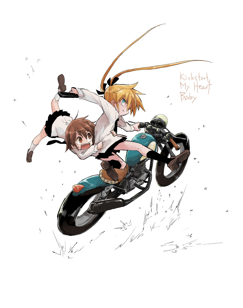 2girls absurdres black_legwear black_neckwear black_skirt blonde_hair blue_eyes brown_hair driving grabbing grabbing_from_behind ground_vehicle gun hair_ribbon highres kill_me_baby loafers motor_vehicle motorcycle multiple_girls necktie oribe_yasuna ribbon scared school_uniform sekichuu_(unholywars12) shoes short_hair skirt socks sonya_(kill_me_baby) twintails v-shaped_eyebrows weapon white_background white_legwear