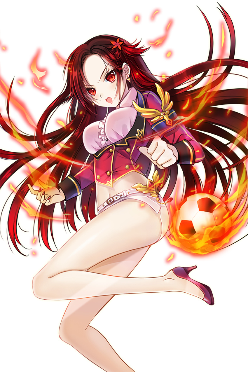 1girl ball choker earrings fire gradient hair_ornament highres jewelry long_hair looking_at_viewer nail_polish official_art open_mouth pink_footwear ratise red_eyes red_nails redhead sharr_(soccer_spirits) soccer_ball soccer_spirits solo transparent_background underwear