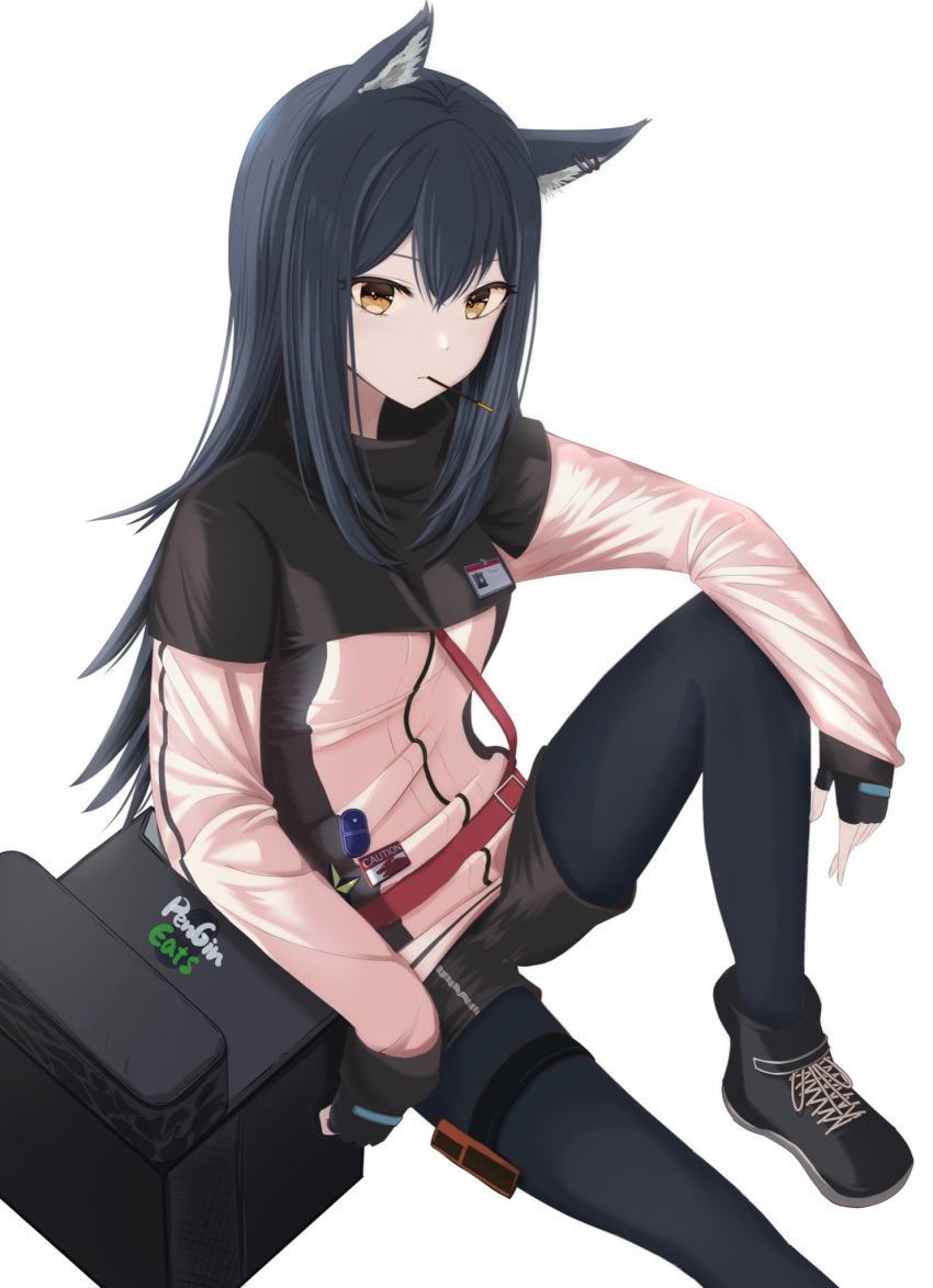 1girl animal_ears arknights bangs belt black_capelet black_footwear black_gloves black_hair black_legwear black_shorts brown_eyes capelet commentary_request feet_out_of_frame fingerless_gloves food food_in_mouth gloves hair_between_eyes highres id_card jacket knee_up long_hair long_sleeves looking_at_viewer mouth_hold pantyhose partial_commentary pocky red_belt ryouta_(ryouta335) shoes short_shorts shorts simple_background sitting solo texas_(arknights) white_background white_jacket wolf_ears