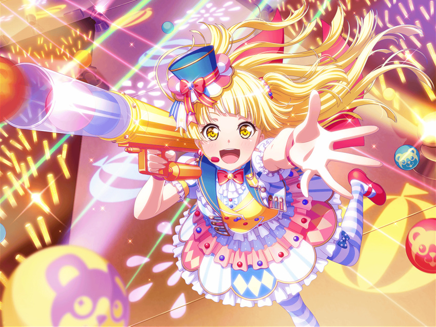 1girl bang_dream! blonde_hair blush dress glowstick long_hair looking_at_viewer official_art open_mouth smile solo stage stage_lights tsurumaki_kokoro twintails yellow_eyes