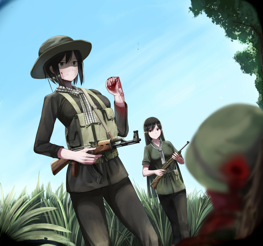 1boy 2girls absurdres ak-47 assault_rifle black_hair blood blood_on_face blurry_foreground bullet_hole commentary corpse day death dog_tags english_commentary grass gun hat helmet highres holding holding_gun holding_weapon load_bearing_equipment long_hair military military_uniform multiple_girls nguyen_tam_lee original outdoors rifle scarf short_hair uniform vietnam_war weapon