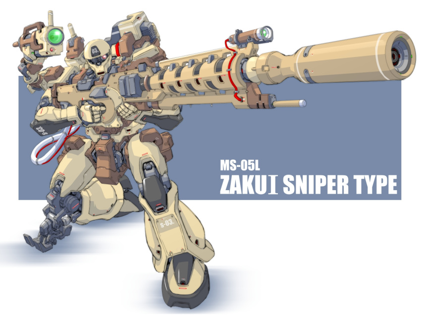 aiming camera character_name gun gundam gundam_unicorn kneeling looking_to_the_side mao_(6r) mecha no_humans one-eyed one_knee pink_eyes redesign rifle sniper_rifle solo weapon zaku zaku_i_sniper_type