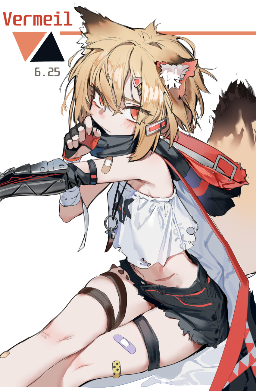 1girl absurdres animal_ears arknights armpits bandaged_arm bandages bandaid bare_shoulders black_gloves black_shorts blonde_hair cloak crop_top crop_top_overhang fingerless_gloves fox_ears fox_girl fox_tail gloves highres hood hood_down jewelry kentllaall looking_at_viewer midriff navel necklace orange_eyes outstretched_arm prosthesis prosthetic_arm scar scarf shirt short_hair short_shorts shorts sitting sleeveless sleeveless_shirt solo stomach tail thigh_strap thighs torn_clothes torn_shirt vermeil_(arknights) white_shirt