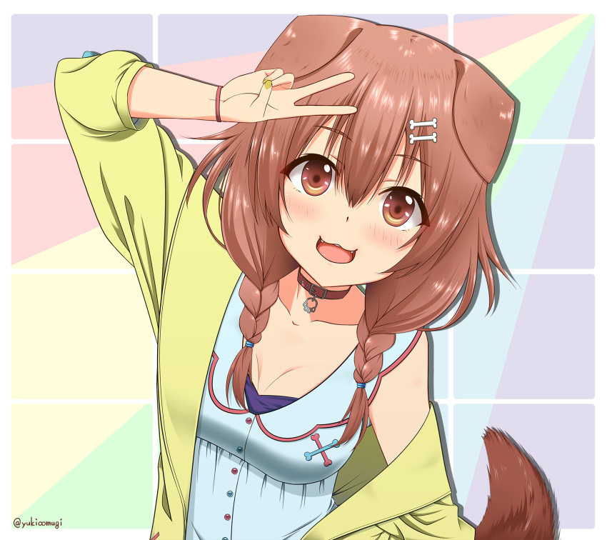1girl :3 :d animal_ears arm_up blush bone_hair_ornament braid breasts brown_hair commentary_request dog_ears dog_tail dress eyebrows_visible_through_hair fangs hair_between_eyes highres hololive inugami_korone long_hair looking_at_viewer medium_breasts off_shoulder oomugi_genmai open_mouth silhouette smile solo tail twin_braids twitter_username v virtual_youtuber white_dress