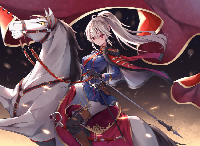 1girl ahoge banner belt black_gloves blonde_hair boots cape cavalry_sword epaulettes eyebrows_visible_through_hair fringe_trim gloves highres horse knight looking_at_viewer military military_uniform original pants ponytail rapier red_eyes riding saddle sheath sheathed solo sword uniform user_jnrr7424 weapon white_horse