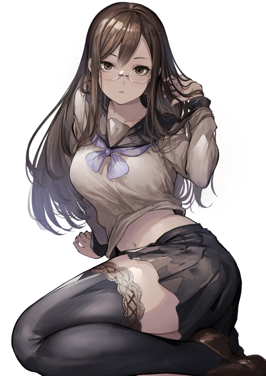 1girl arm_support arm_up bangs black_legwear black_skirt brown_footwear brown_hair collarbone commentary glasses hair_twirling highres juusan_kihei_bouei_ken koruse lace lace-trimmed_legwear loafers long_hair long_sleeves looking_at_viewer midriff miniskirt navel neckerchief parted_lips pleated_skirt purple_neckwear rimless_eyewear sailor_collar sailor_shirt school_uniform serafuku shirt shoes simple_background sitting skirt solo thigh-highs white_background white_shirt yakushiji_megumi yokozuwari zettai_ryouiki