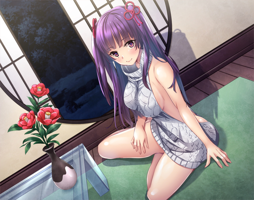 1girl aran_sweater arm_at_side backless_dress backless_outfit bangs bare_back bare_shoulders blush breasts closed_mouth collarbone dress eyebrows_visible_through_hair flower full_body g_yuusuke grey_dress grey_sweater hair_ribbon halterneck highres indoors large_breasts long_hair looking_at_viewer meme_attire naked_sweater night non-web_source original plant potted_plant purple_hair red_flower red_ribbon ribbed_sweater ribbon shiny shiny_skin sideboob sidelocks sitting sleeveless sleeveless_turtleneck sliding_doors smile solo sweater sweater_dress table turtleneck turtleneck_sweater two_side_up violet_eyes virgin_killer_sweater yokozuwari