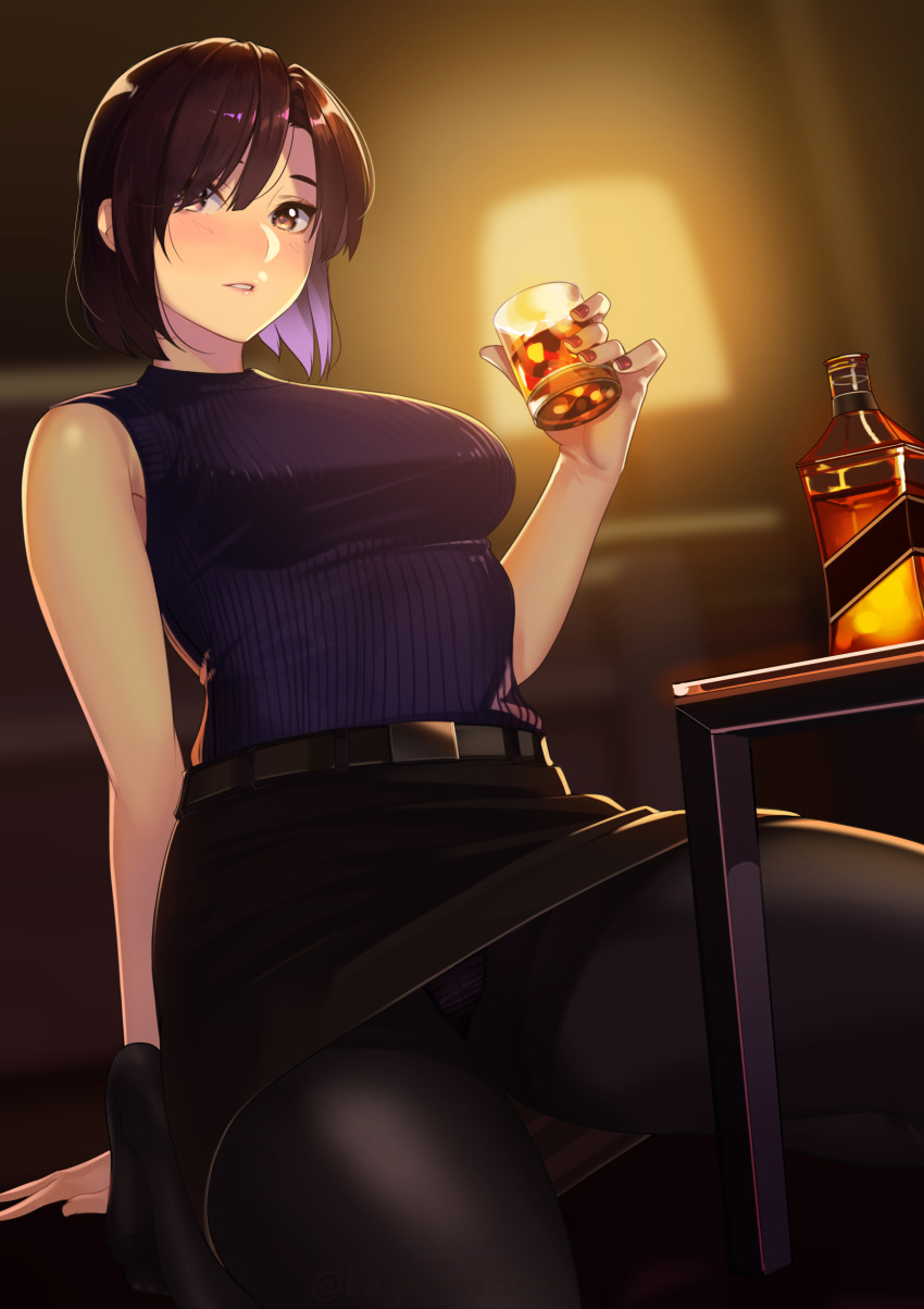 1girl absurdres backlighting bangs bare_shoulders belt black_legwear black_skirt blue_shirt blush breasts brown_eyes brown_hair cup drinking_glass highres kagematsuri lamp large_breasts leaning_back looking_at_viewer original pantyhose pencil_skirt ribbed_shirt shirt short_hair skirt sleeveless sleeveless_shirt thighs