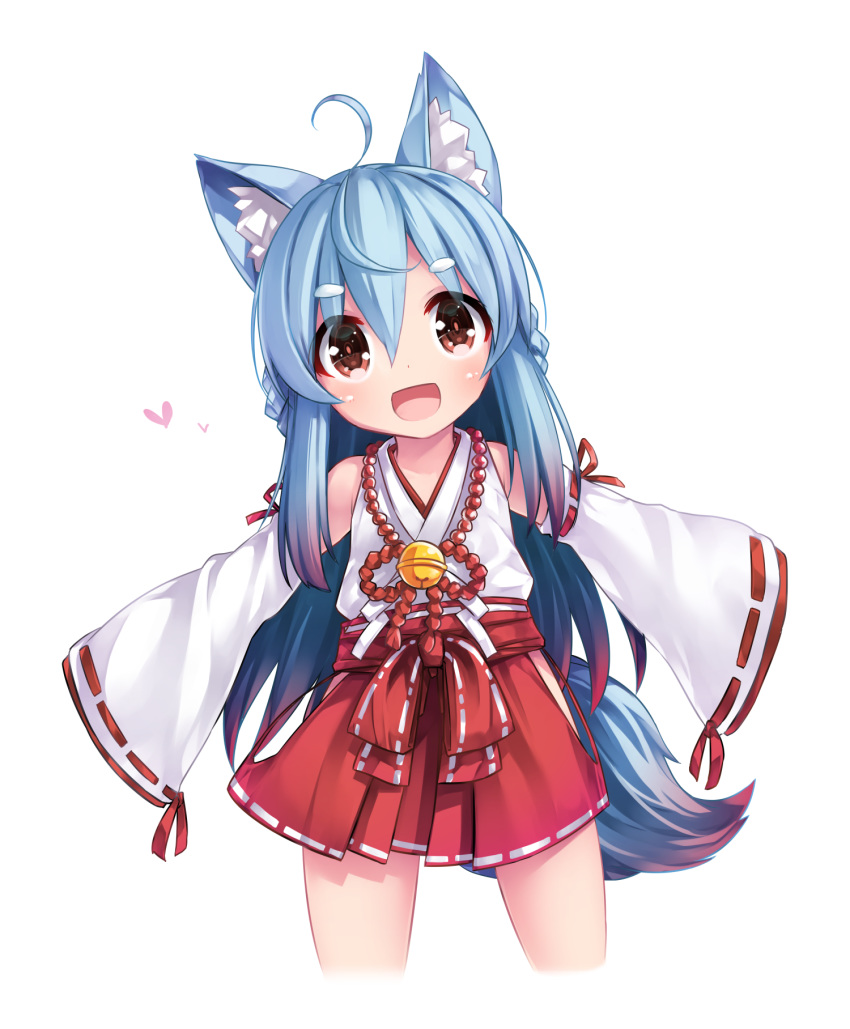1girl ahoge animal_ear_fluff animal_ears blue_hair brown_eyes character_request detached_sleeves dog_ears dog_tail hair_ornament hairclip hakama hakama_skirt highres japanese_clothes long_hair miko miniskirt open_mouth original outstretched_arms red_hakama red_skirt shirt simple_background skirt sleeves_past_wrists smile solo tail tamase_tama virtual_youtuber white_background white_shirt