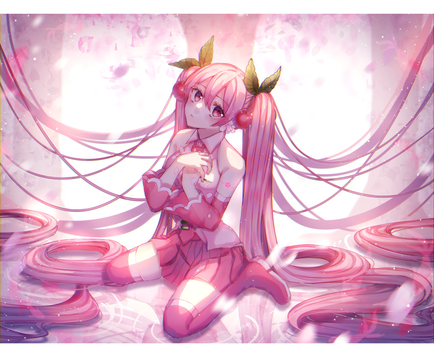 1girl absurdly_long_hair bare_shoulders boots cherry_blossoms cherry_hair_ornament commentary detached_sleeves expressionless floral_print food_themed_hair_ornament full_body hair_ornament hands_together hatsune_miku highres holding_petal long_hair looking_at_viewer miniskirt necktie petals pink_eyes pink_hair pink_legwear pink_neckwear pink_skirt pink_sleeves pleated_skirt sakura_miku shirt shoulder_tattoo sitting skirt solo tattoo thigh-highs thigh_boots twintails ume_neko_(otaku-nyanko) very_long_hair vocaloid wariza white_shirt zettai_ryouiki