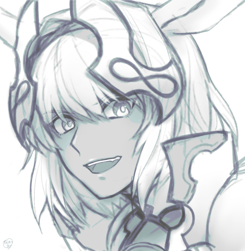 1girl animal_ears caenis_(fate) commentary_request dark_skin eyebrows_visible_through_hair fate/grand_order fate_(series) greyscale highres kankitsurui_(house_of_citrus) looking_at_viewer monochrome open_mouth portrait simple_background sketch smile solo teeth tongue white_background