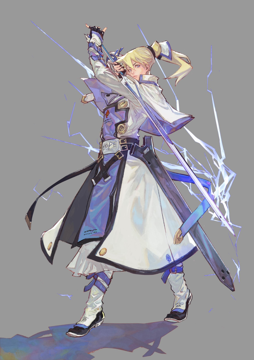 1boy arc_system_works belt blonde_hair blue_eyes crossover english_text fingerless_gloves gloves grey_background guilty_gear guilty_gear_xrd hair_between_eyes highres holding holding_sword holding_weapon kazama_raita ky_kiske lightning long_sword looking_at_viewer official_art ponytail shadow shoes simple_background star_ocean star_ocean_anamnesis sword weapon