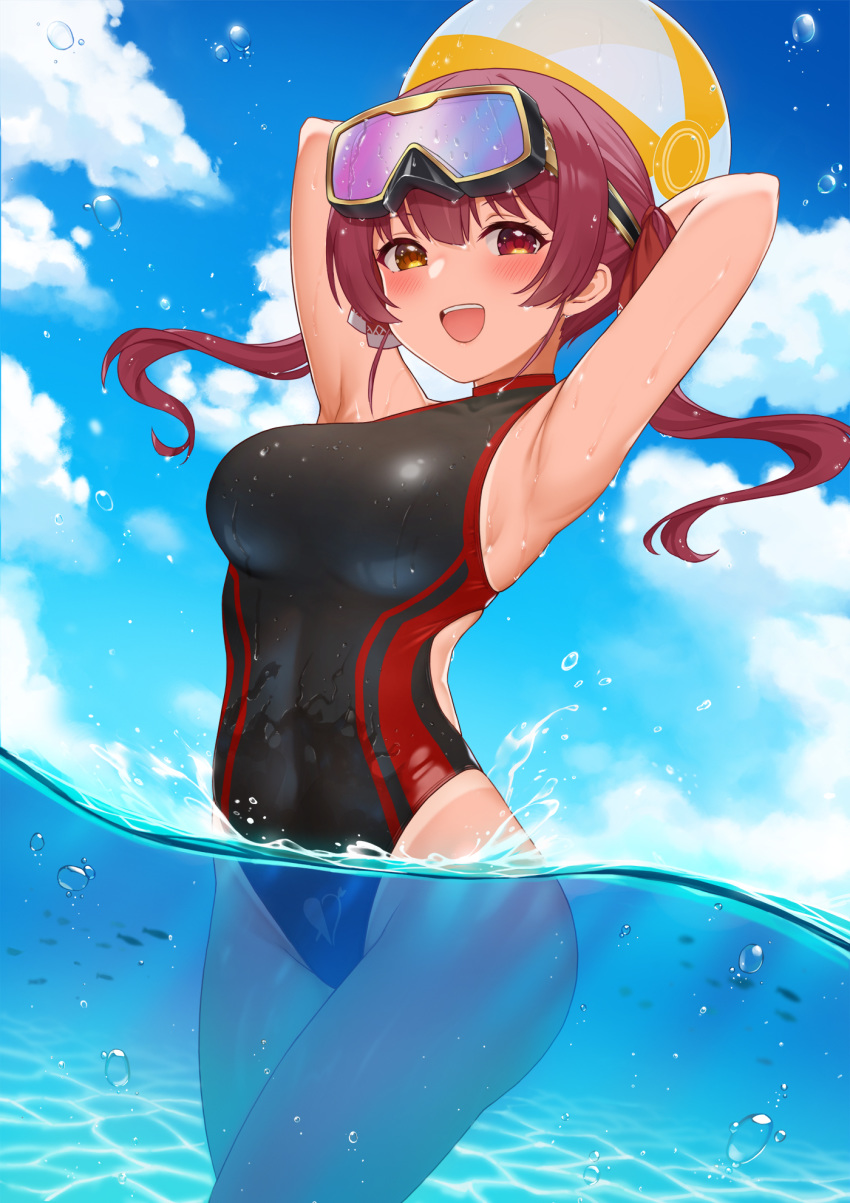 1girl :d armpits arms_behind_head arms_up arrow_through_heart ball bangs bare_shoulders beachball black_swimsuit blue_sky blush breasts caustics clouds competition_swimsuit covered_navel cowboy_shot day diving_mask eyebrows_visible_through_hair floating_hair fukuro_ko_(greentea) groin hair_between_eyes hair_ribbon heart heterochromia highleg highleg_swimsuit highres holding holding_ball hololive houshou_marine large_breasts long_hair looking_at_viewer one-piece_swimsuit one-piece_tan open_mouth outdoors partially_underwater_shot red_eyes red_ribbon redhead ribbon side_cutout sky smile solo standing sunlight swimsuit tan tanline thighs twintails upper_teeth virtual_youtuber wading water wet yellow_eyes