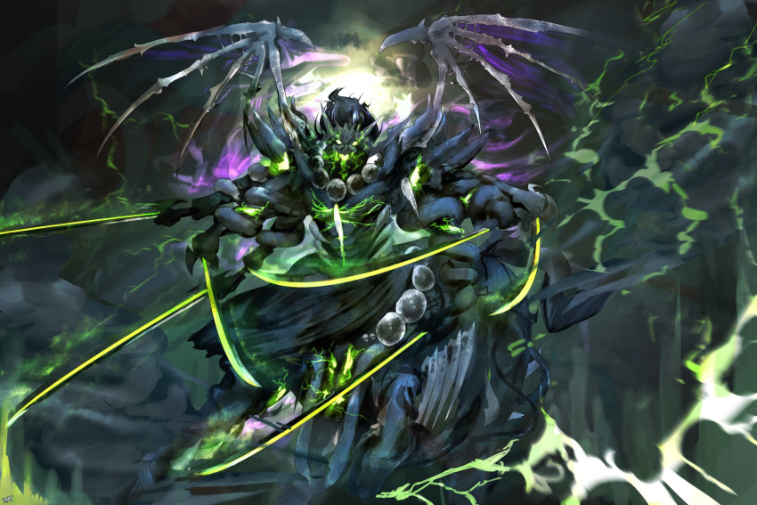 1boy beads black_hair centaur claws clouds extra_arms fate/grand_order fate_(series) glowing glowing_eyes glowing_weapon highres holding horns light long_hair looking_at_viewer mask open_mouth skeletal_wings solo sword very_long_hair weapon wings xiang_yu_(fate/grand_order) xjwk3328