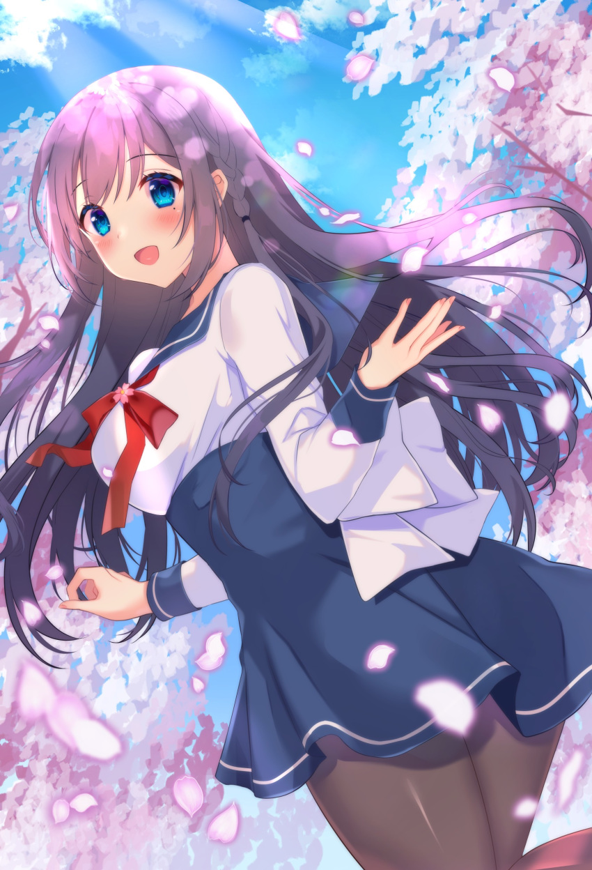 1girl :d absurdres back_bow bangs black_legwear blue_eyes blue_skirt blue_sky bow breasts brown_hair cherry_blossoms commentary_request dutch_angle emori_miku emori_miku_project eyebrows_visible_through_hair highres light_rays long_hair medium_breasts open_mouth pantyhose petals red_neckwear school_uniform shirt sidelocks skirt sky smile standing sunbeam sunlight user_muau4437 white_shirt