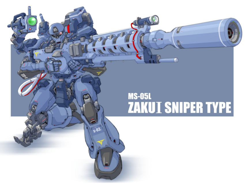 aiming camera character_name gun gundam gundam_unicorn kneeling looking_to_the_side mao_(6r) mecha no_humans one-eyed one_knee pink_eyes redesign rifle sniper_rifle solo weapon zaku zaku_i_sniper_type